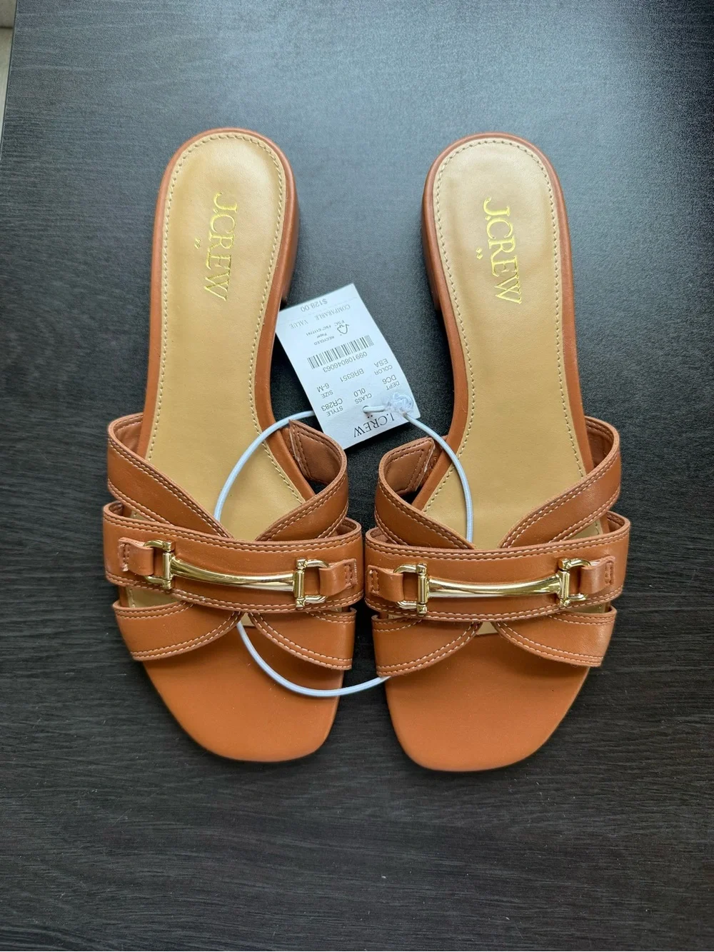 J. Crew Cognac Leather Slide Sandals with Gold Hardware